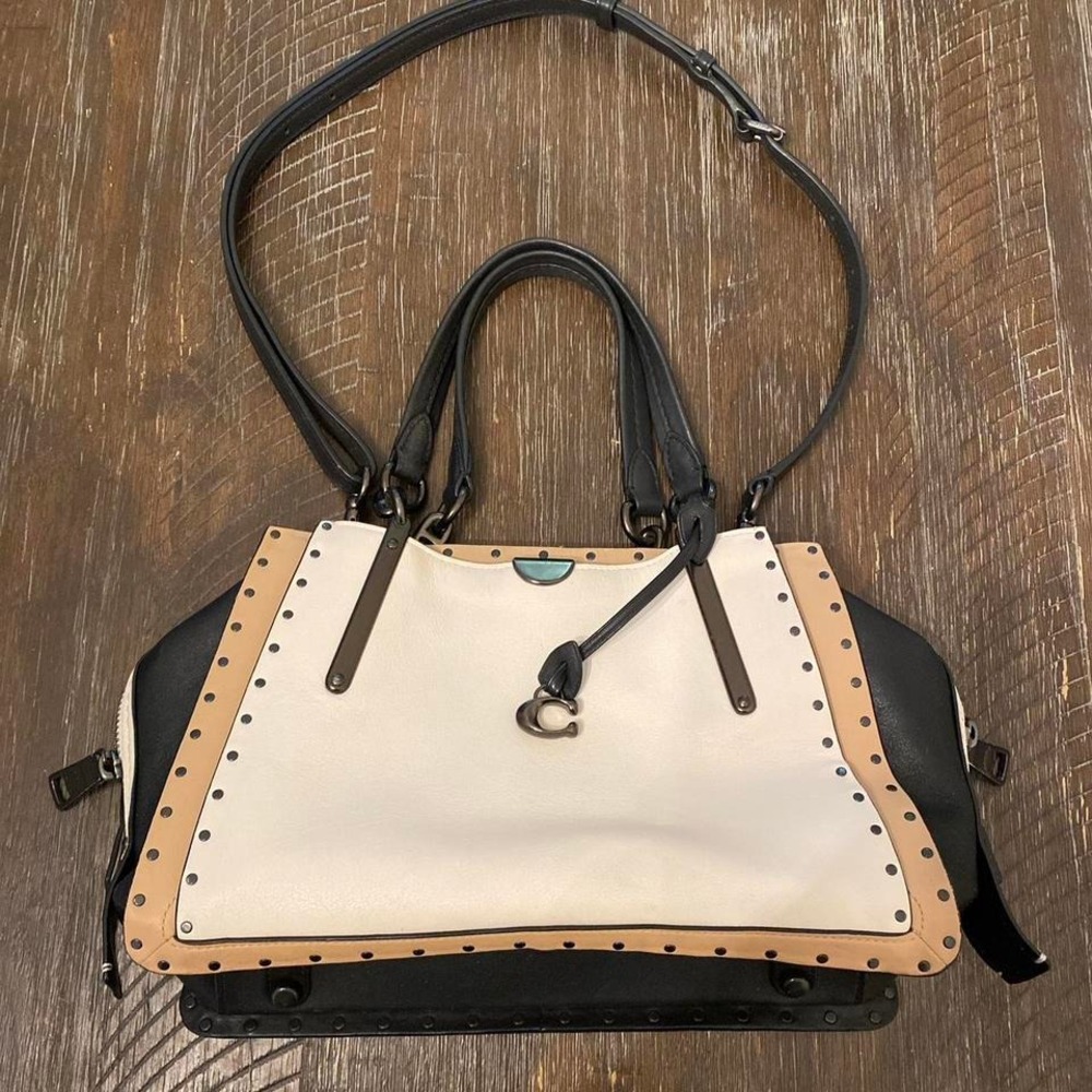Coach Studded Satchel Bag Black White Tan Leather Hardware Logo Detail - Picture 2 of 9